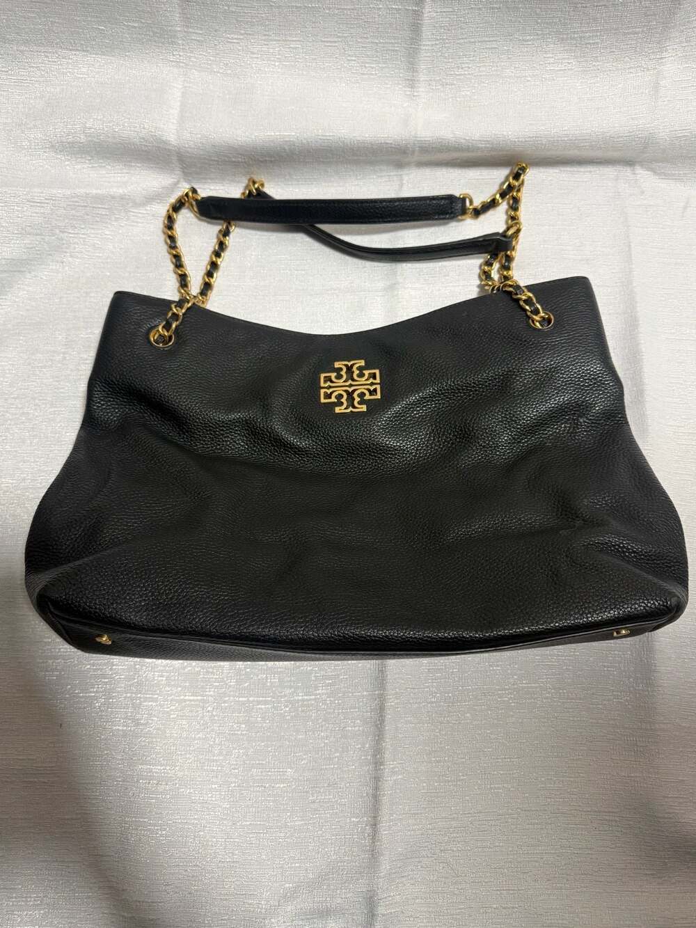 Tory Burch Black Pebbled Leather Britten Chain Shoulder Tote Bag